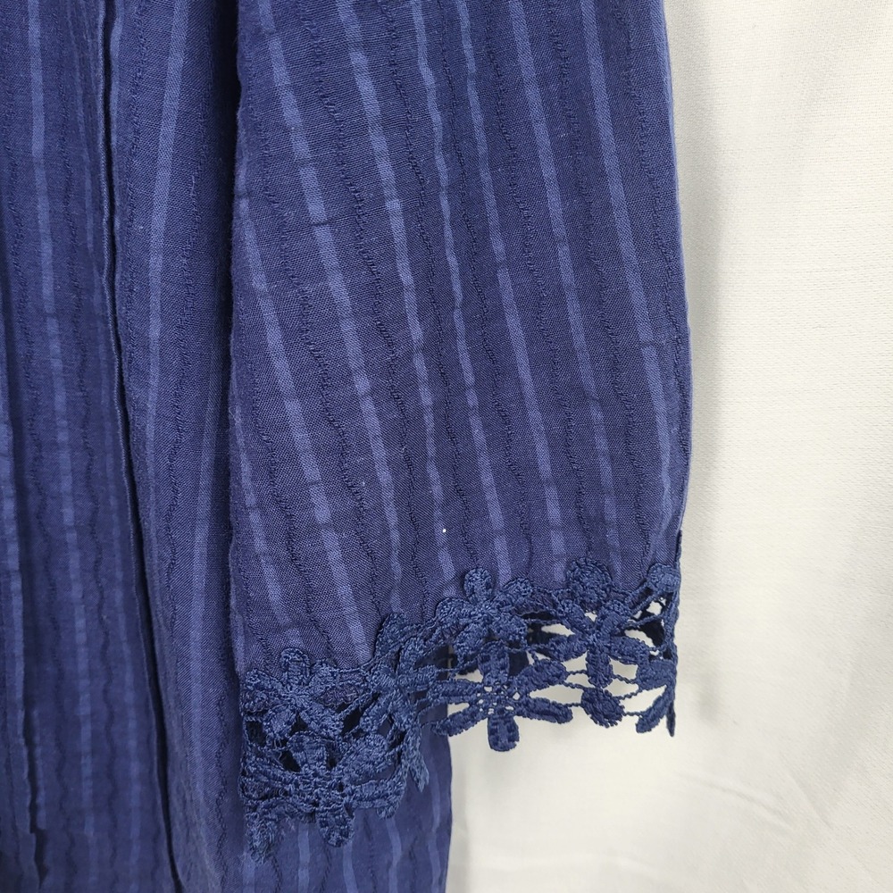 Navy Blue‎ Floral Crochet Lace Trim Striped Button Front Blouse XL - Picture 3 of 6